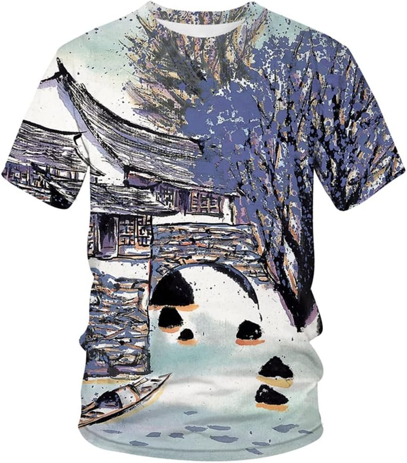 QANA 絵画パターン半袖ラウンドネックカジュアルTシャツ男性服トップ (Color : A, Size : Lcode)