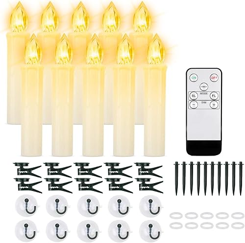 FPOO 10 velas con clip para árbol de Navidad, velas pequeñas que funcionan con pilas con temporizador remoto, velas cónicas parpadeantes con