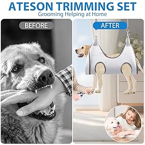 ATESON Pet Dog Grooming Hammock Harness for Medium Dogs Nail Trimming, Dog Sling for Cutting Nails, Dog Hanging Holder Hanger with Nail Clippers, Nail File, Scissors