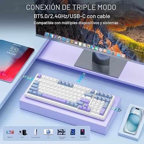 Miniatura 3 de AULA Teclado mecánico inalámbrico F99, triple modo BT5.02.4GHzUSB-C, teclado personalizado intercambiable en caliente, interruptores lineales