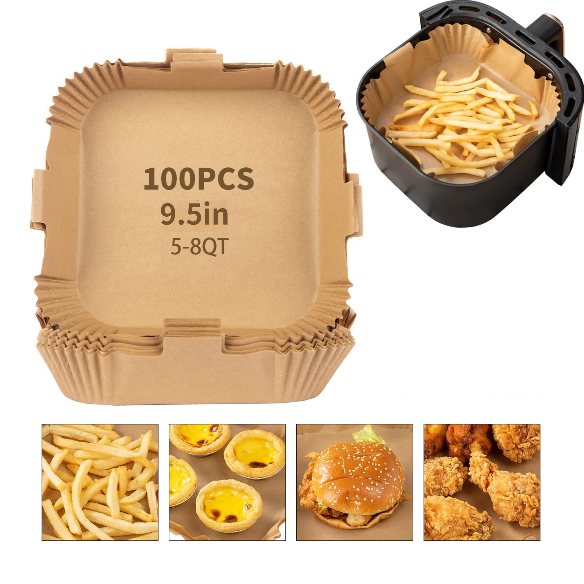 Large 7.9 Inch 100Pcs Air Fryer Disposable Paper Liners, Square Parchment Paper Liner for 5-8QT Air Fryer, Water-proof, Parchment Baking Paper for Baking, Top Wide 9.5in, Bottom Wide 7.9in