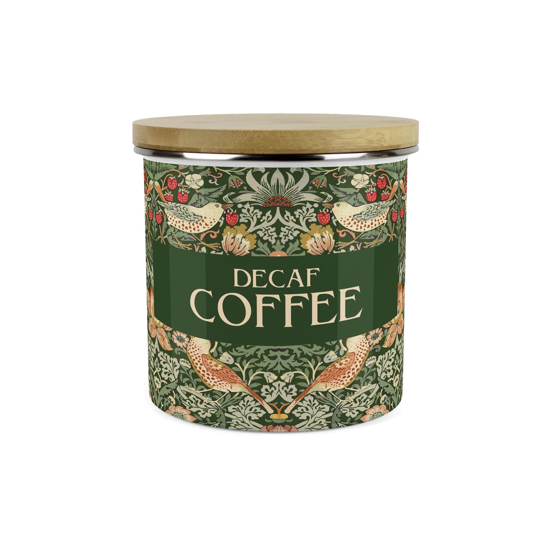 Purely Home Green Strawberry Thief Decaf Coffee Storage Canister - Morris Inspired Floral Tapestry Artwork - 1.2L Enamel Hot Drinks/Food Kitchen Storage Container