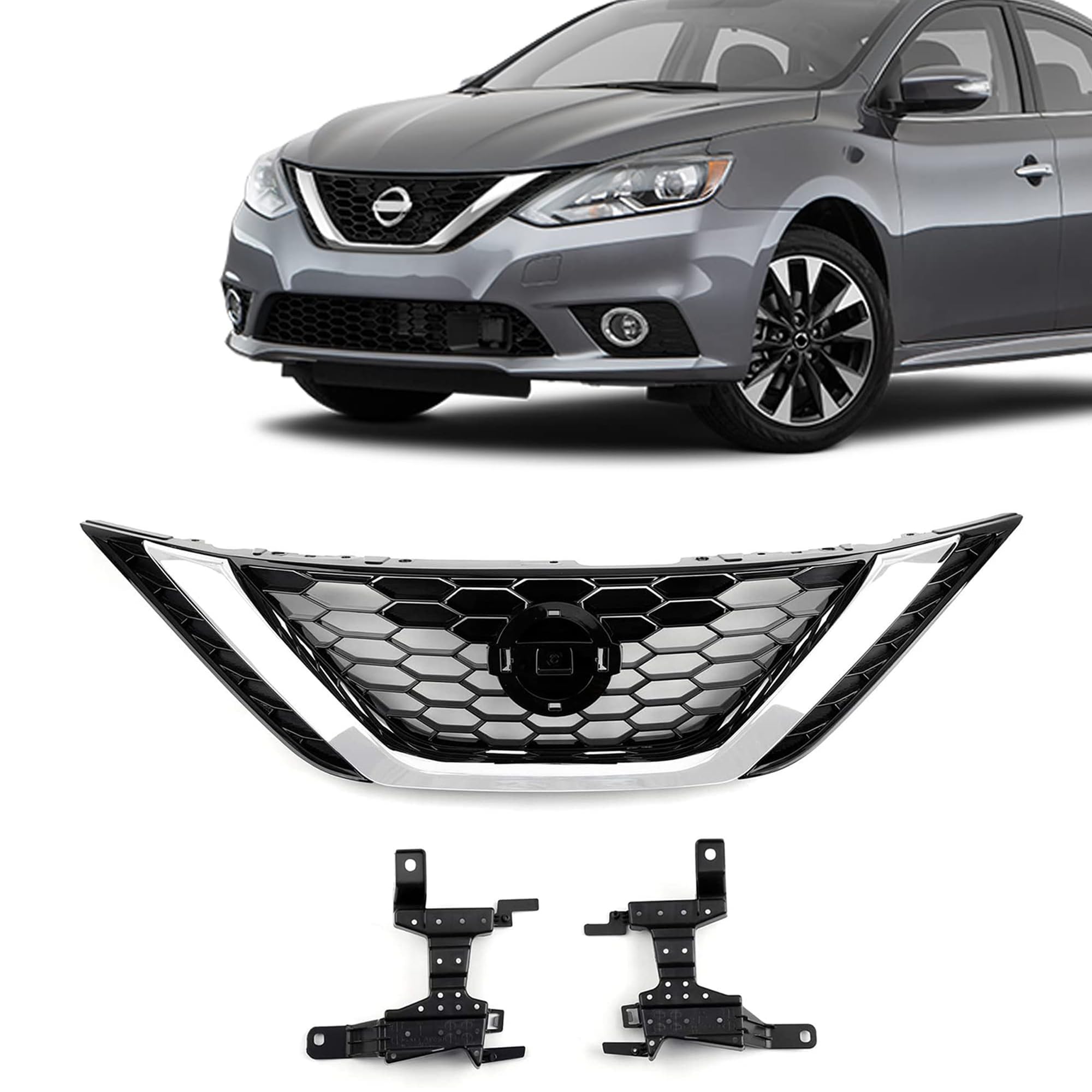 Front Bumper Honeycomb Upper Grille Chrome & Black Grill Fit 2016 2017 2018 Nissan Sentra