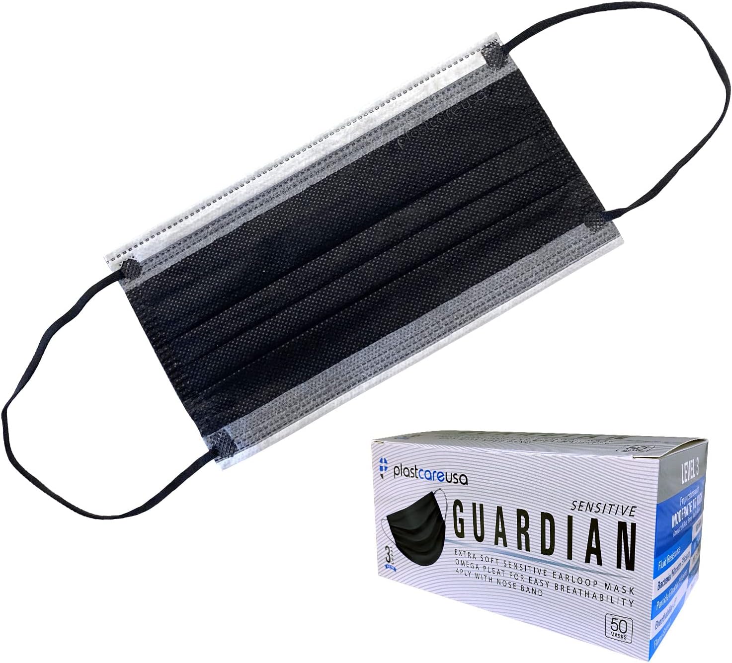 PlastCare USA Black ASTM Level 3 Face Masks - 4-Ply Disposable Masks with Adjustable Nose Band (50 or 100 Pack)