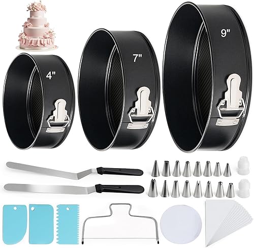WERTIOO Juego de 138 moldes para tartas de molde para hornear con kit de decoración de pasteles, juego de 3 moldes redondos antiadherentes (4, 7, 9