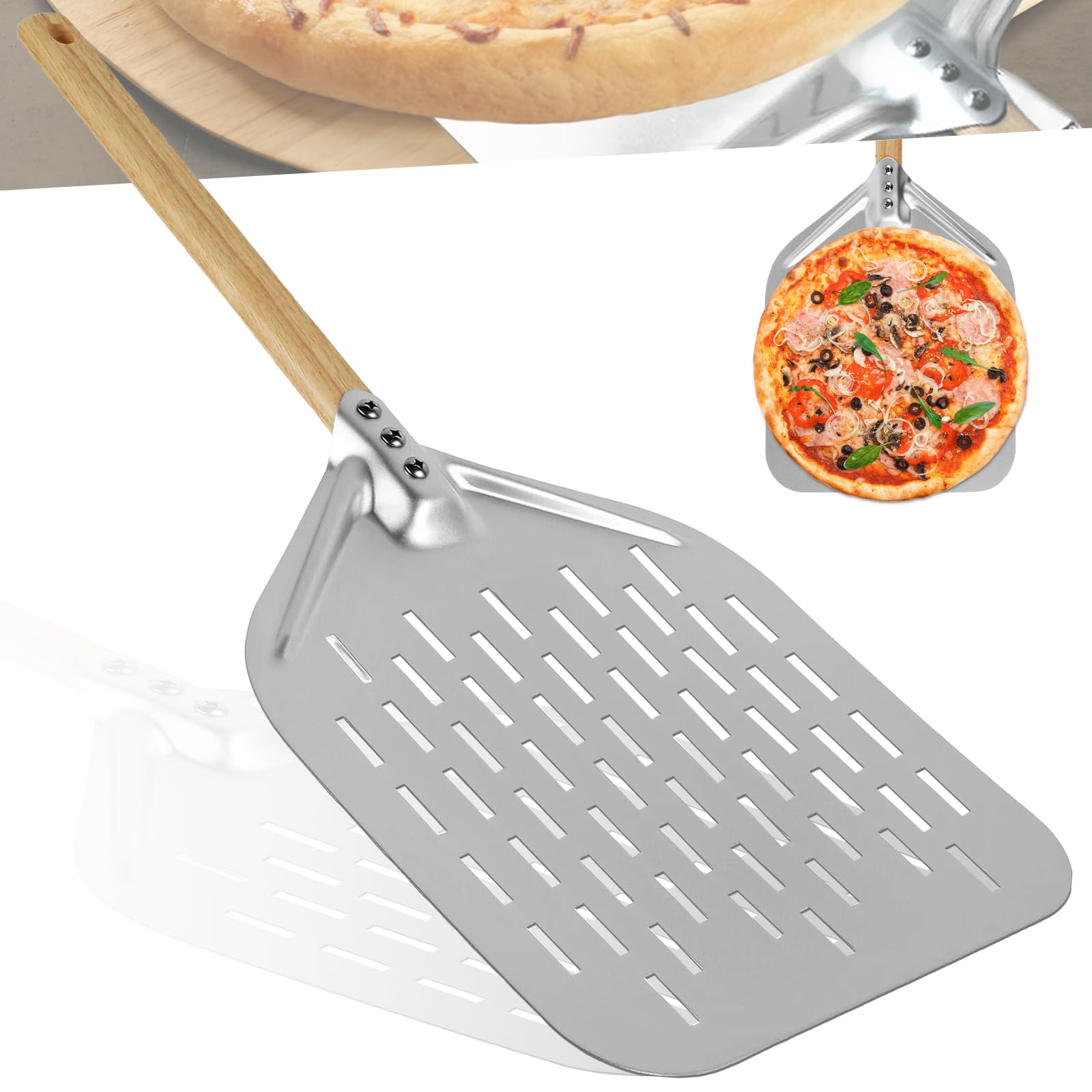 HOMURY Pala per pizza perforata con manico staccabile, 30,5 cm (12 pollici), alluminio anodizzato per pizza fatta in casa