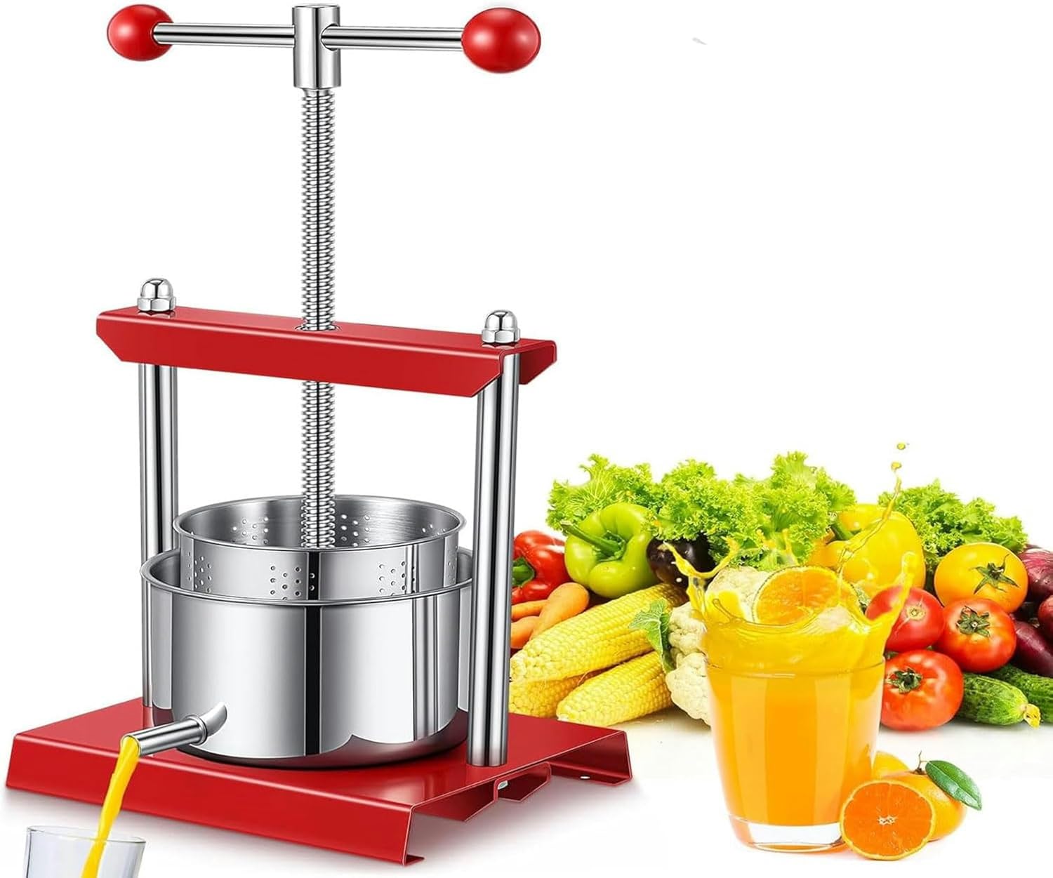 Manual Fruit Wine Press, 0.53 Gallon/2 L Stainless Steel Manual Wine Press Machine, with T-Handle, Vegetables Honey Olive Oil Making Press, for Outdoor, Kitchen, Home, Red