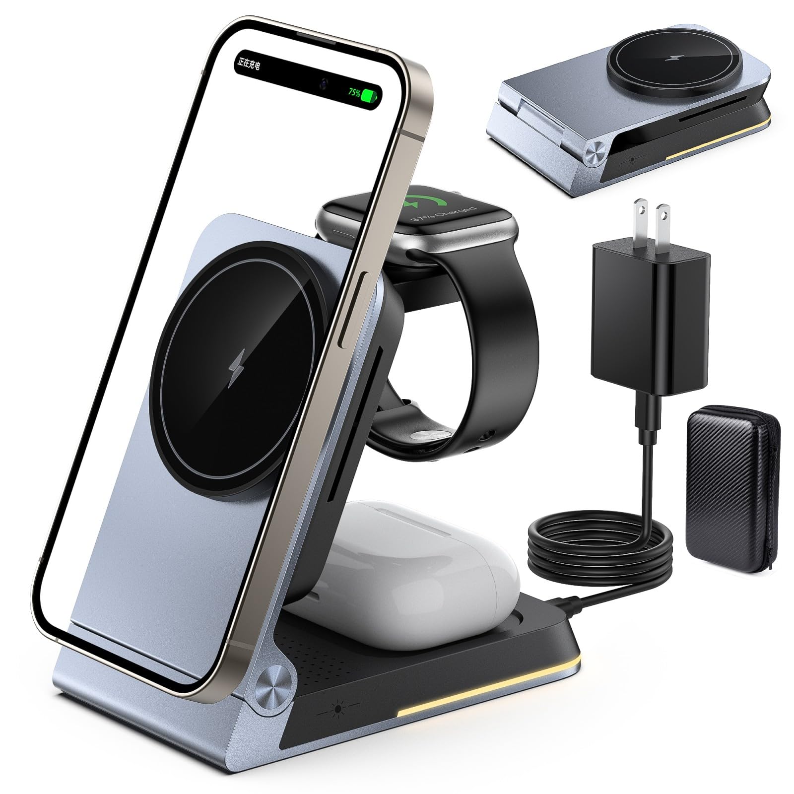 Aluminum 3 in 1 Wireless Charging Station,Foldable Wireless Charger for Apple Magsafe with Light,Portable Travel Magnetic Charger Stand for iPhone 17/