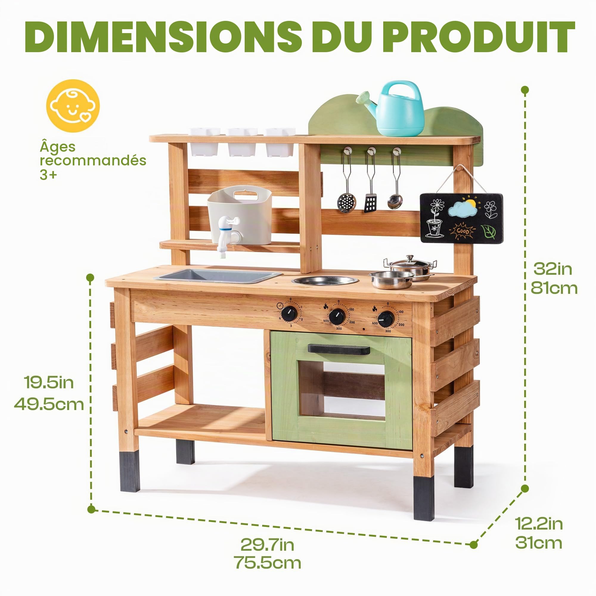 ROBUD Cuisine de boue pour enfants, cuisine de jeu en bois d'extérieur avec véritable robinet, évier amovible, bouilloire, tasse de plantation, four, tableau noir, jouet de cuisine de jardin pour