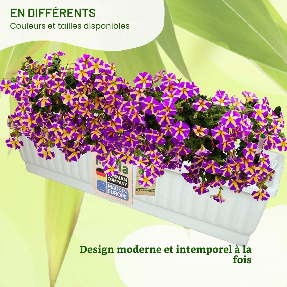MePla Jardinière de balcon XXL Venezia 80 cm blanche avec réservoir d'eau avec indicateur de niveau d'eau - Fabriqué en Allemagne - Durable, auto-arrosage et directement plantable