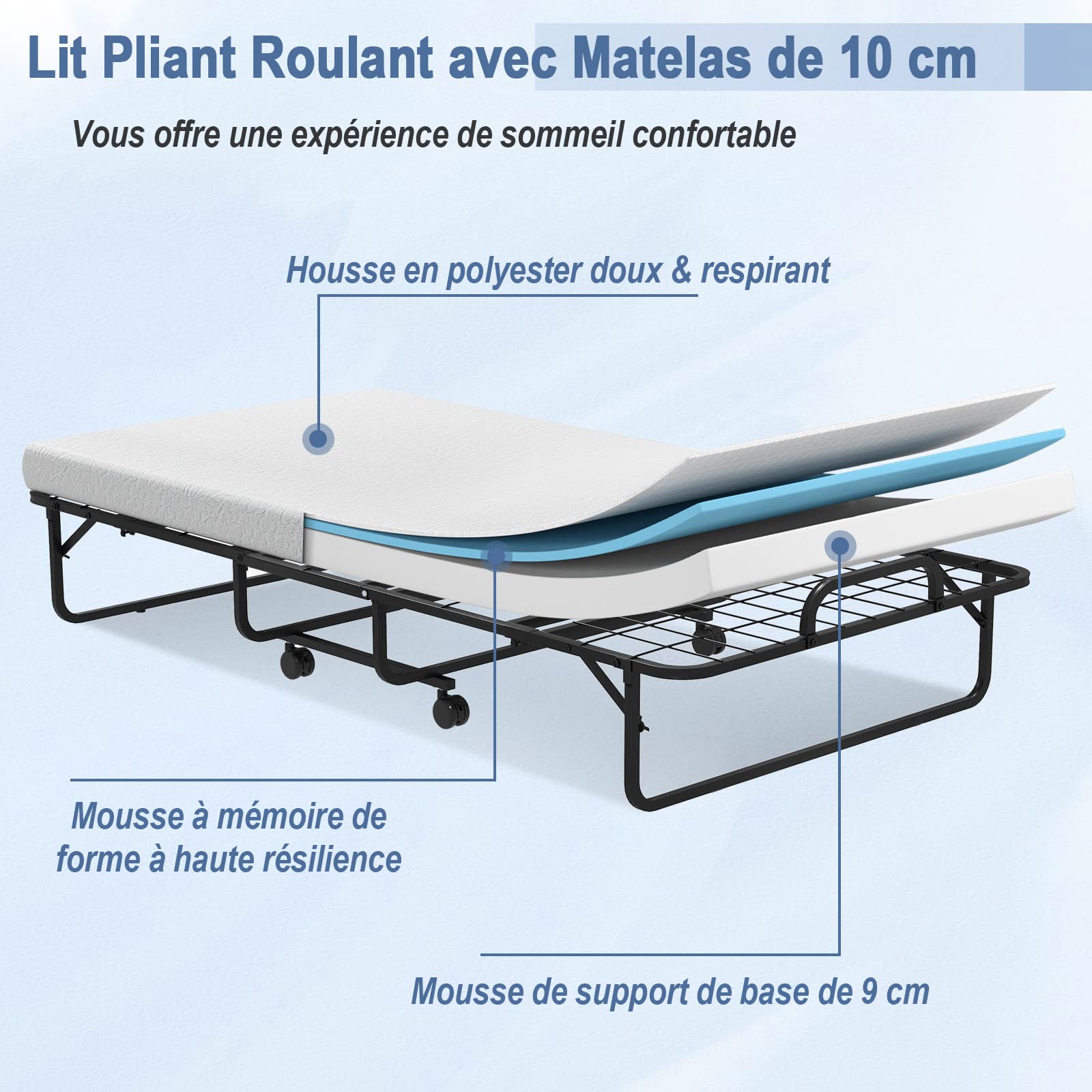 COSTWAY Lit Pliant 1 Personne Adulte 96 x 191 cm avec Matelas Orthopédique en Mémoire 10 cm, Charge 180 kg, Lit d’Appoint Pliable à 4 roulettes et Sommier en Métal pour invités, Blanc