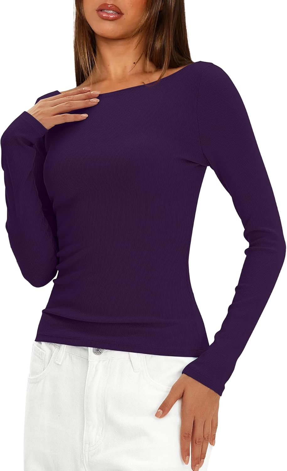 Darong Womens Long Sleeve Boat Neck Top Sexy Backless Slim Fit Basic Tee T-Shirt Ribbed Knit Going Out Tops - Image 4