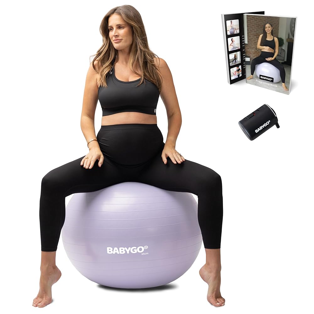 BABYGO Birthing Ball - Pregnancy Yoga Labor & Exercise Ball & Book Set Trimester Targeting, Maternity Physio, Birth & Recovery Plan Included Anti Burst Eco Friendly (Lavender, 65cm - Electric)
