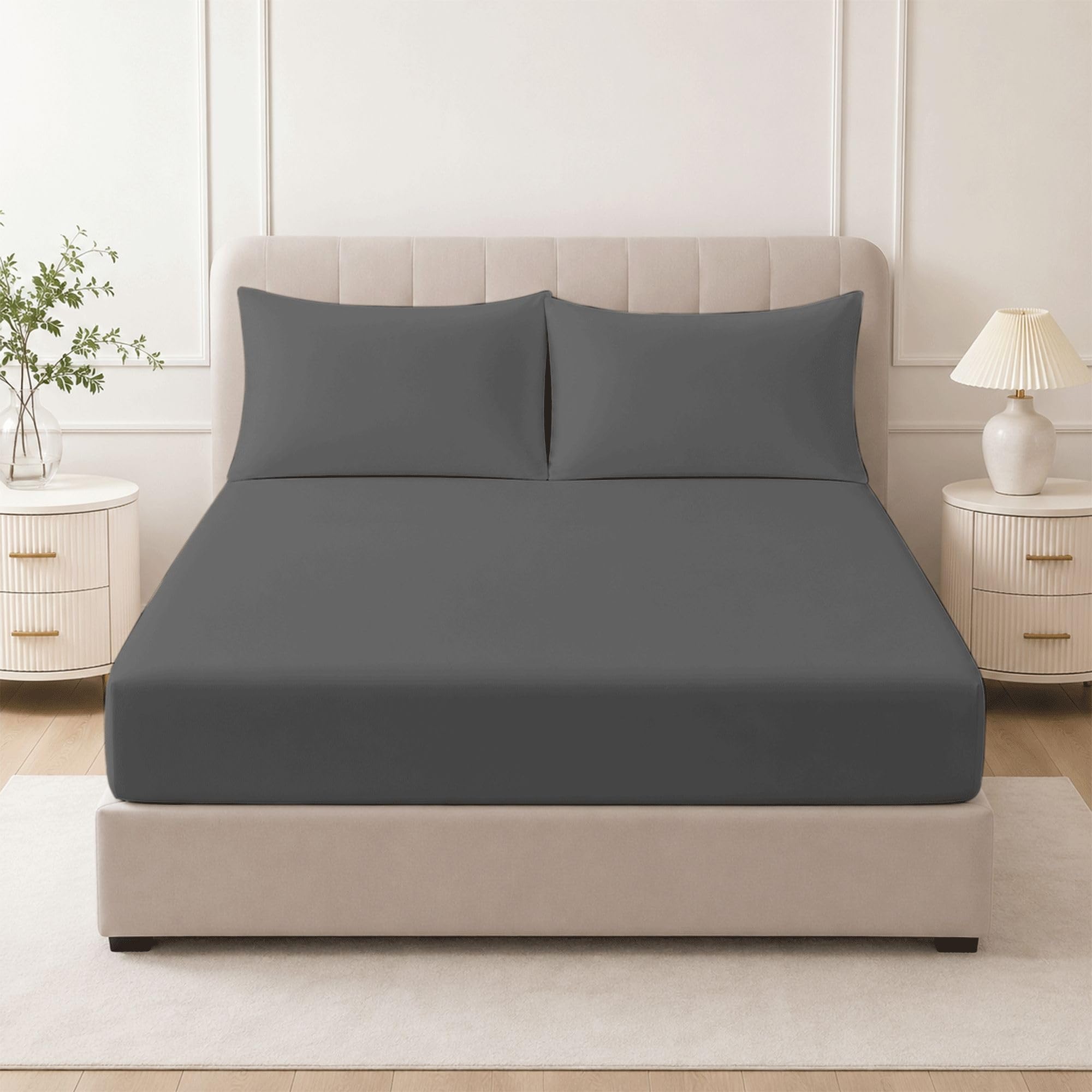 Bloombedding Grey Super King Egyptian Cotton Fitted Bed Sheet Set, 400 Thread Count Deep Pocket 25Cm Bedding With 2 Pillowcases, Luxury Cotton Bed Linen For 182X200cm Mattress
