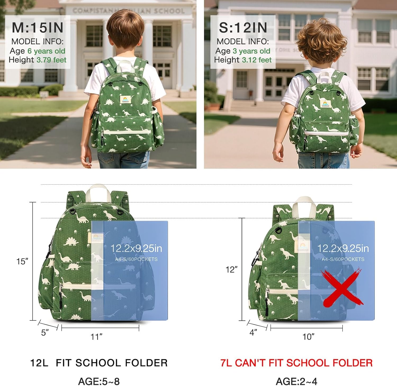 STEAMEDBUN Corduroy Toddler Backpack for Boys 2-4: Kids backpack for Boys Girls - 12 inch Preschool Kindergarten Backpacks - Dinosaur - Image 2