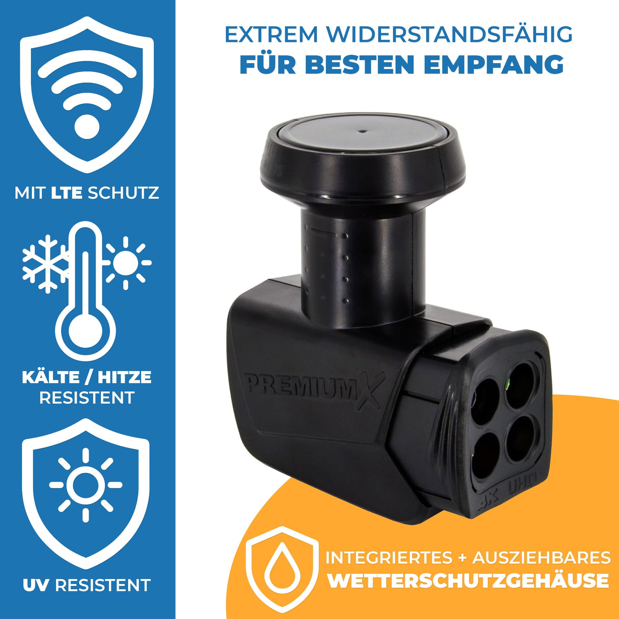 PremiumX Quad LNB para 4 usuarios: Convertidor de señal de TV con protección contra el Clima, LNB Satélite Digital en Negro con 8 Conectores F incluidos. Compatible con DVB-S2 8K UHD 4K Full HD