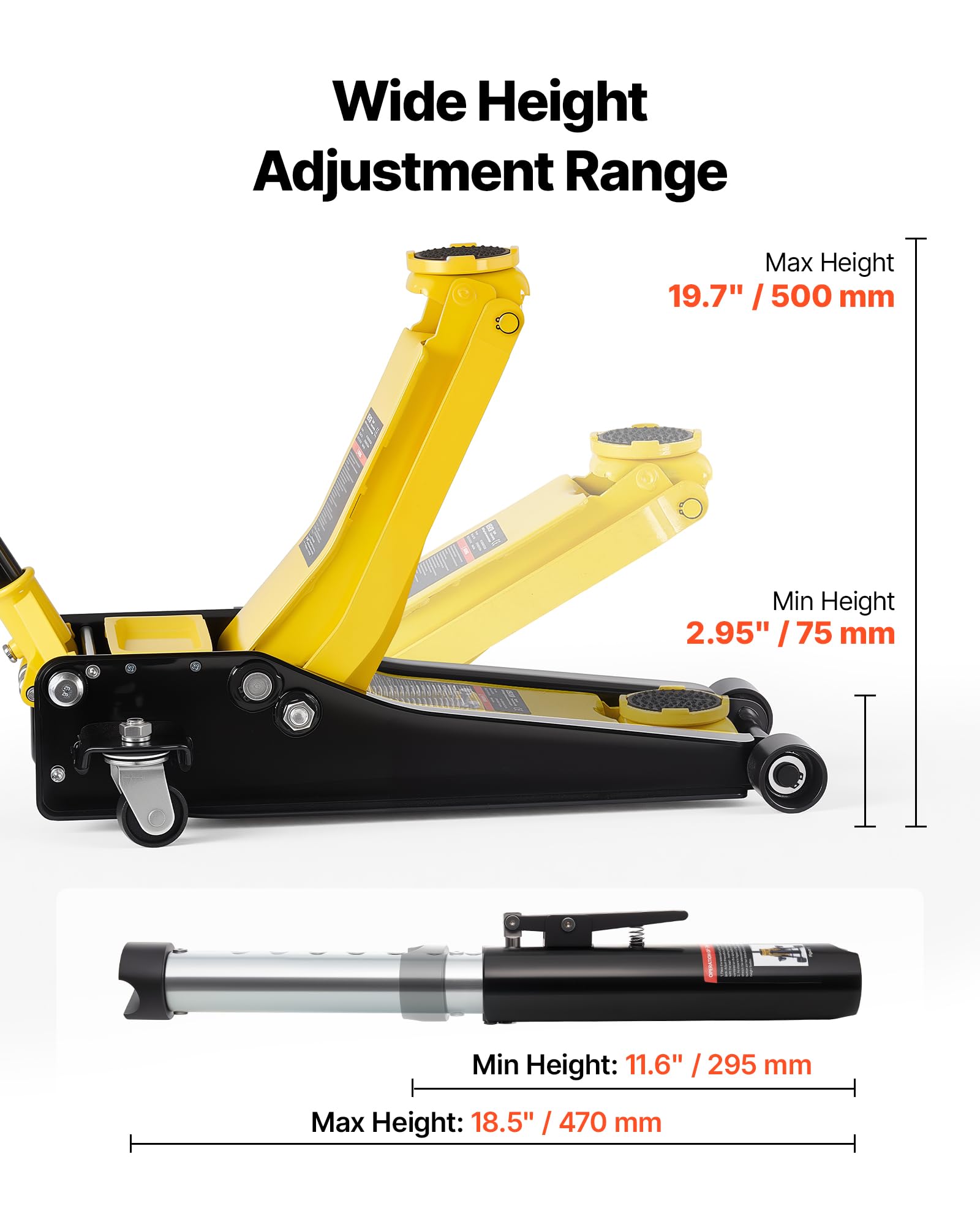 VEVOR Hydraulischer Rangierwagenheber 3T Tagkraft, 75-500 mm Hubhöhe, 95 mm Gummiauflage, Doppelzylinder, Stahl, 360° Mobilität für PKW SUV Pickup