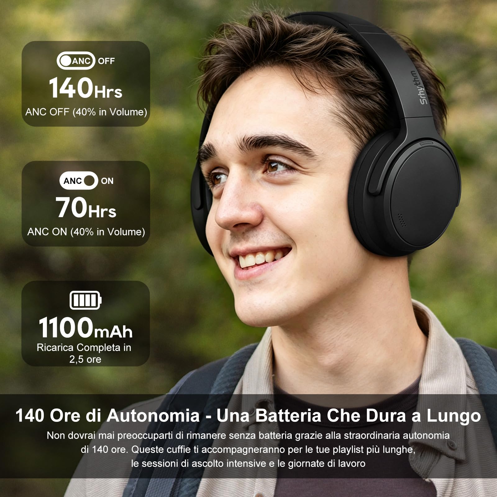 Srhythm NiceComfort 35 (2a generazione) Cuffie ibride con cancellazione del rumore, Bluetooth 6.0 wireless, 5 microfoni con ENC, trasparenza, audio spaziale, 140 ore di riproduzione, bassa latenza, EQ
