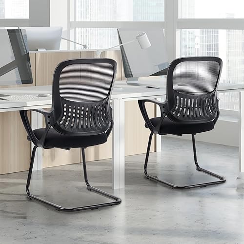 Miniatura 8 de Sweetcrispy Juego de 2 sillas de escritorio de oficina, sin ruedas, de malla no enrollable, respaldo medio, para computadora, con soporte lumbar