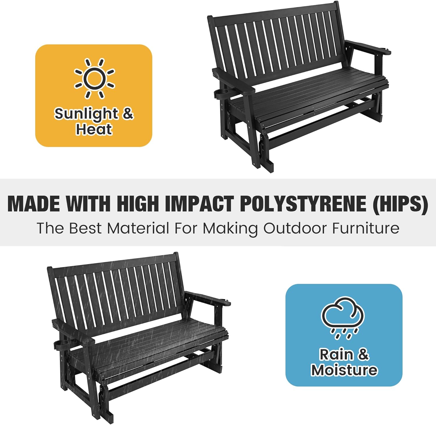 HIPS Patio Glider with Cup Holders, All-Weather Resistant, High Backrest and Deep Contoured Seat, Heavy Duty 900 LB (3 Seat - Carbon Black)