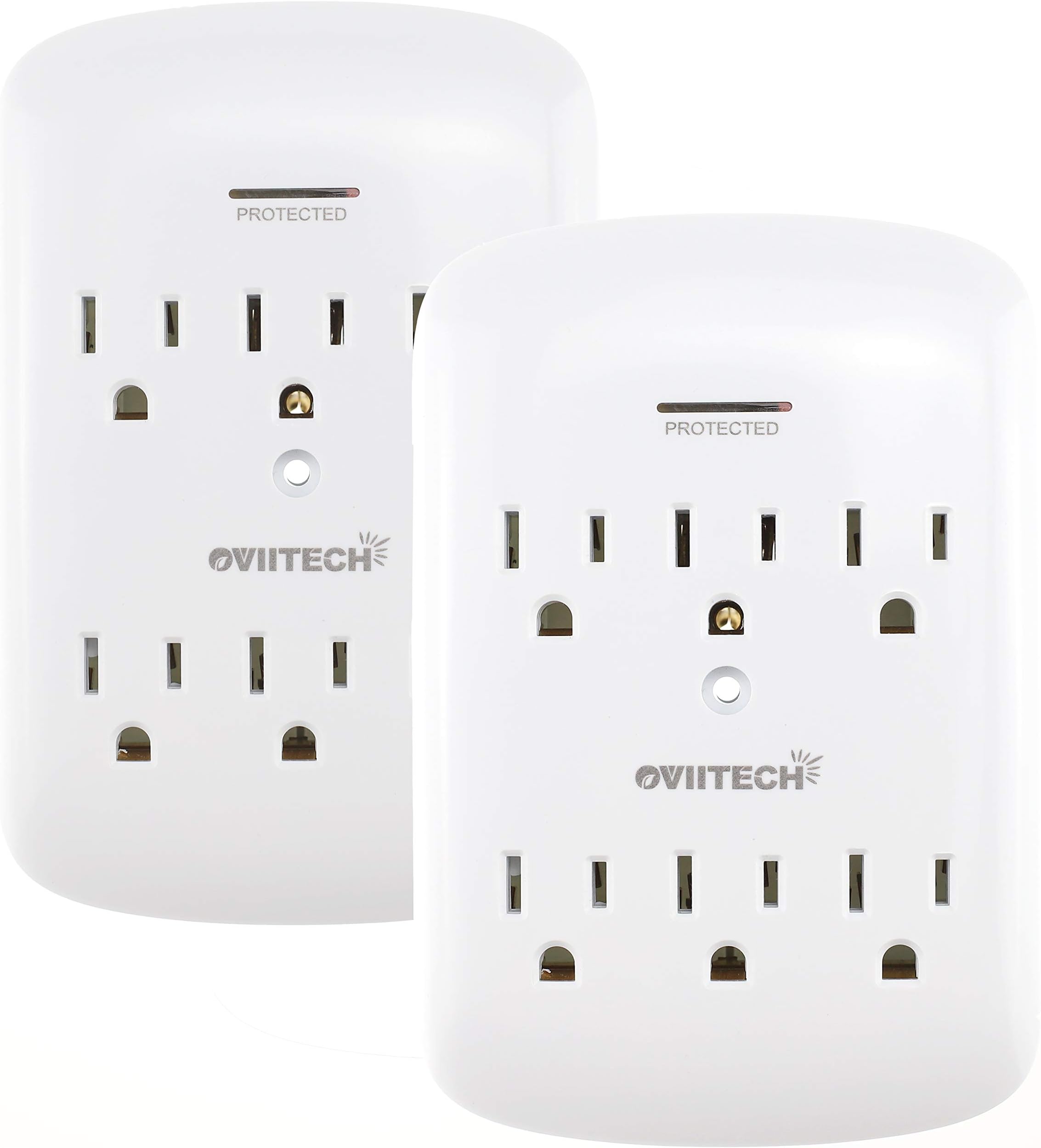 OviiTech 6 Grounded outlet Plug，Surge Protector Wall Mount Adapter, 1200 Joules,Space Saving Design, Blue LED Surge Indicator，White,2 Pack