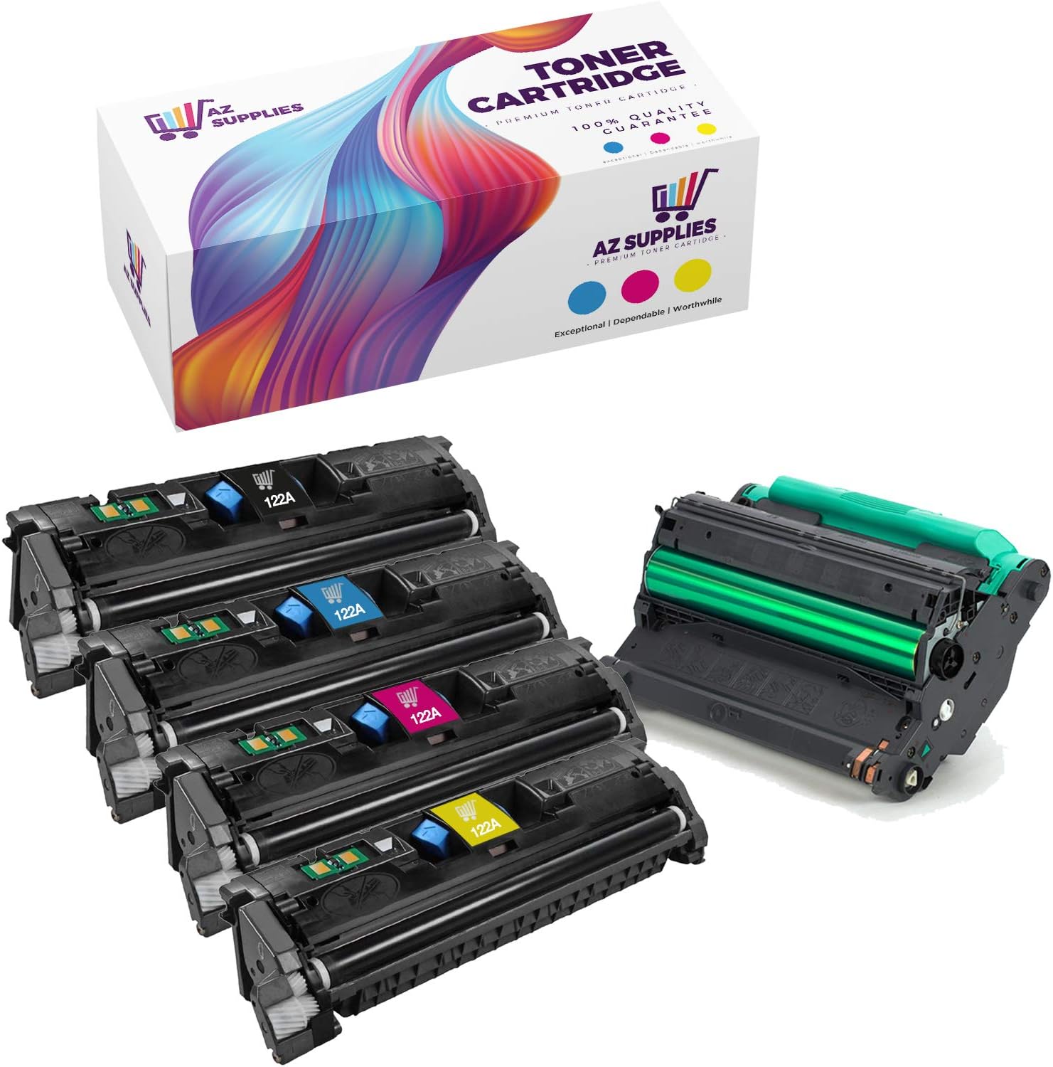AZ Supplies Re-Manufactured Toner Cartridges Replacement for HP 122A, Q3960A, Q3961A, Q3962A, Q3963A, Q3964A for use in HP Color LaserJet 2550, 2820, 2840, 2550n, 2550LN (B, C, Y, M, DRUM, 5-Pack).