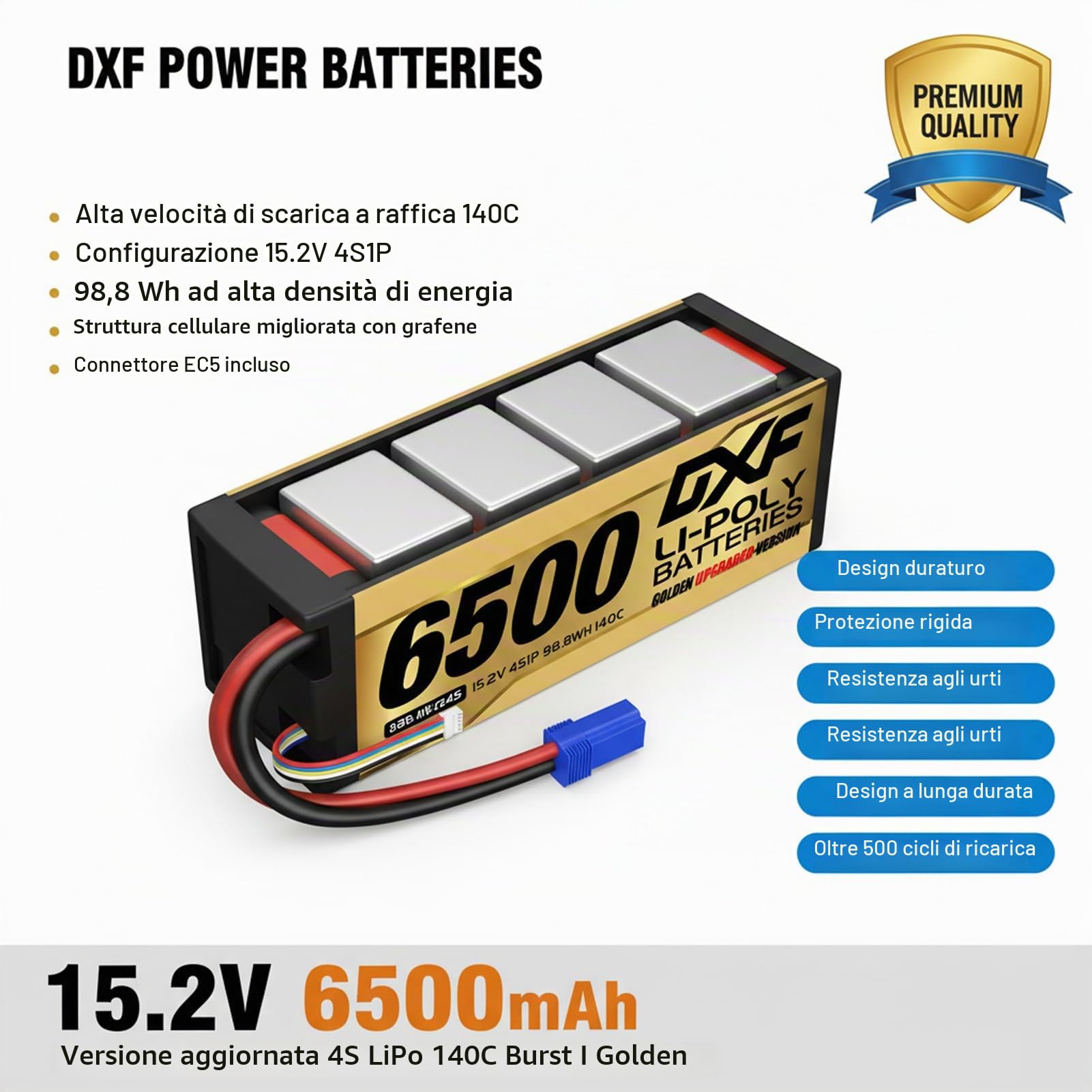 DXF Batteria LiPo 4S 15.2V 6500mAh 140C HV Spina EC5 Auto RC Truck Buggy 1/8 1/10 Alte Prestazioni Potente Tecnologia Avanguardia Sicurezza Gare Racing Modellismo 2 Pezzi
