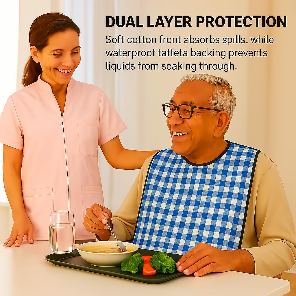 MAKSTILE Adult Bib| Extra-Long Adult Dining Bib for Elderly–2-Layer Absorbent Cotton & Waterproof Backing, Washable Reusable Clothing Protector for Senior Citizens, Disabled & Bedridden - Blue - Image 3 thumbnail