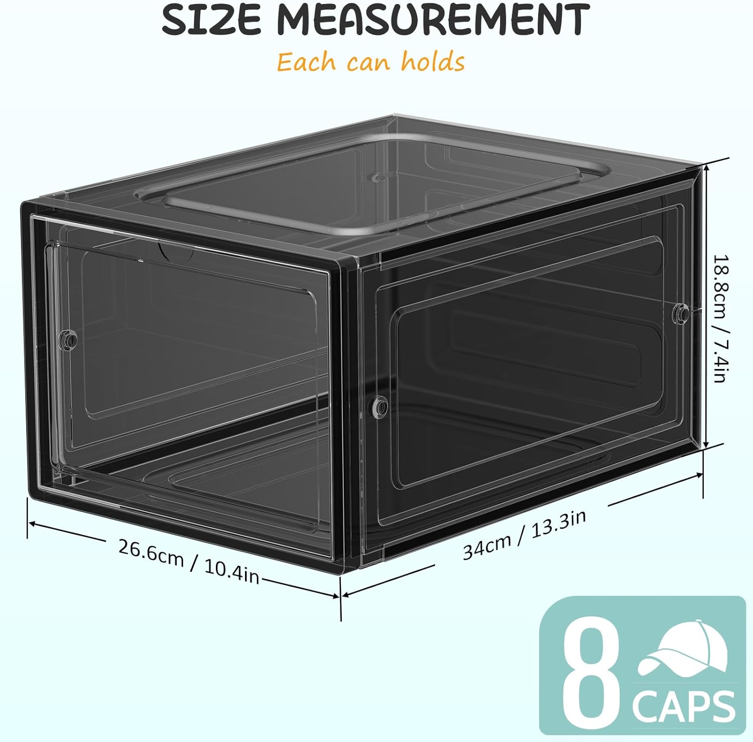 6 Pack Hat Organizer Box, Stackable Clear Baseball Caps Holder Box Containers with Magnetic Door for Hats Snapback Cap Storag, Hat Rack Display Case, Holds 8 Hats Each (Black)