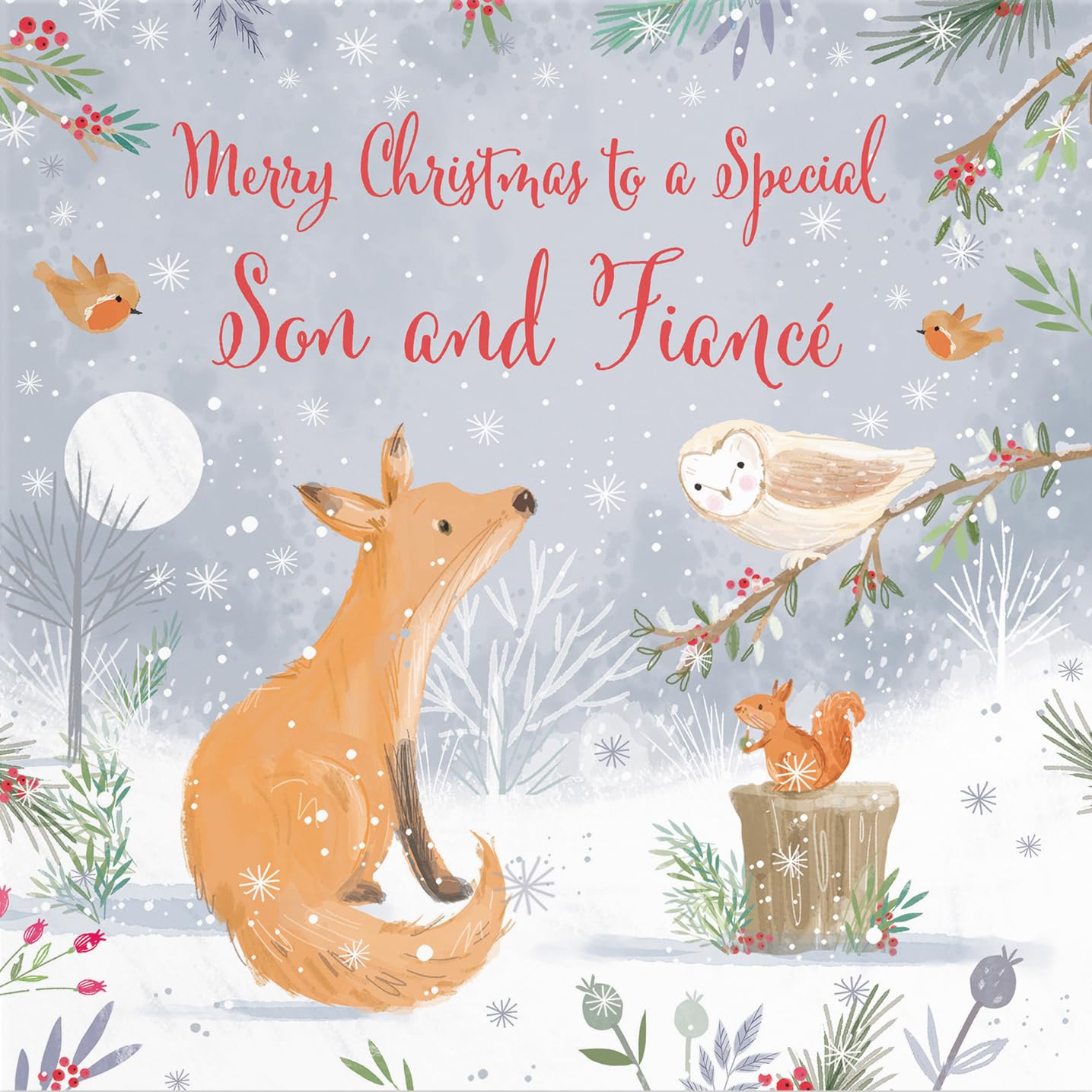 Hunts England, Son And Fiancé Cute Fox Christmas Card, Nature's Treasures, Happy Animal Wildlife Cute Fun Merry Xmas Card - Image 2