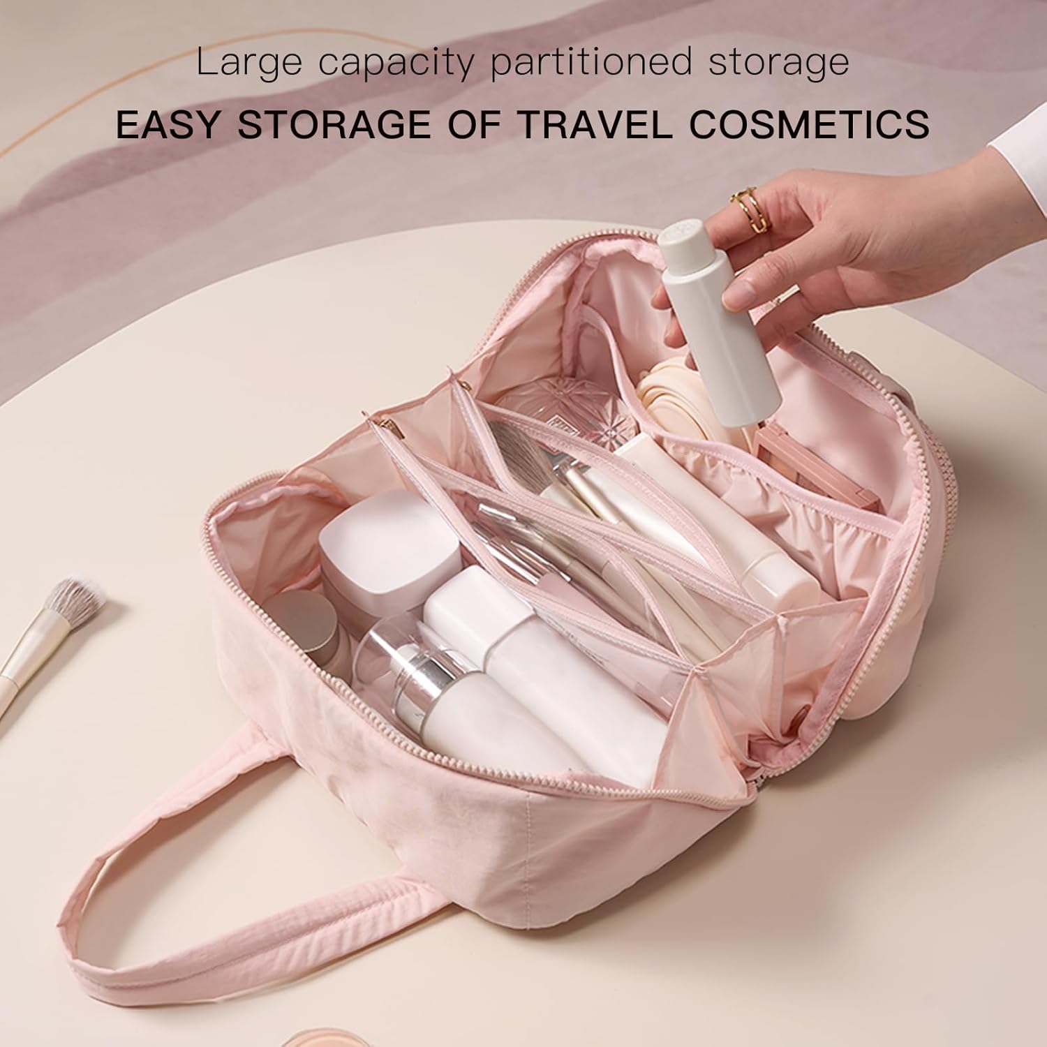 Makeup bag, Large Capacity Cosmetic Bag for Women, Portable Wide-open Toiletry Bag, Travel Makeup Bag with TPU Compartments for Accessories, Essentials, Toiletries, Makeup Brush Bag, Pink
