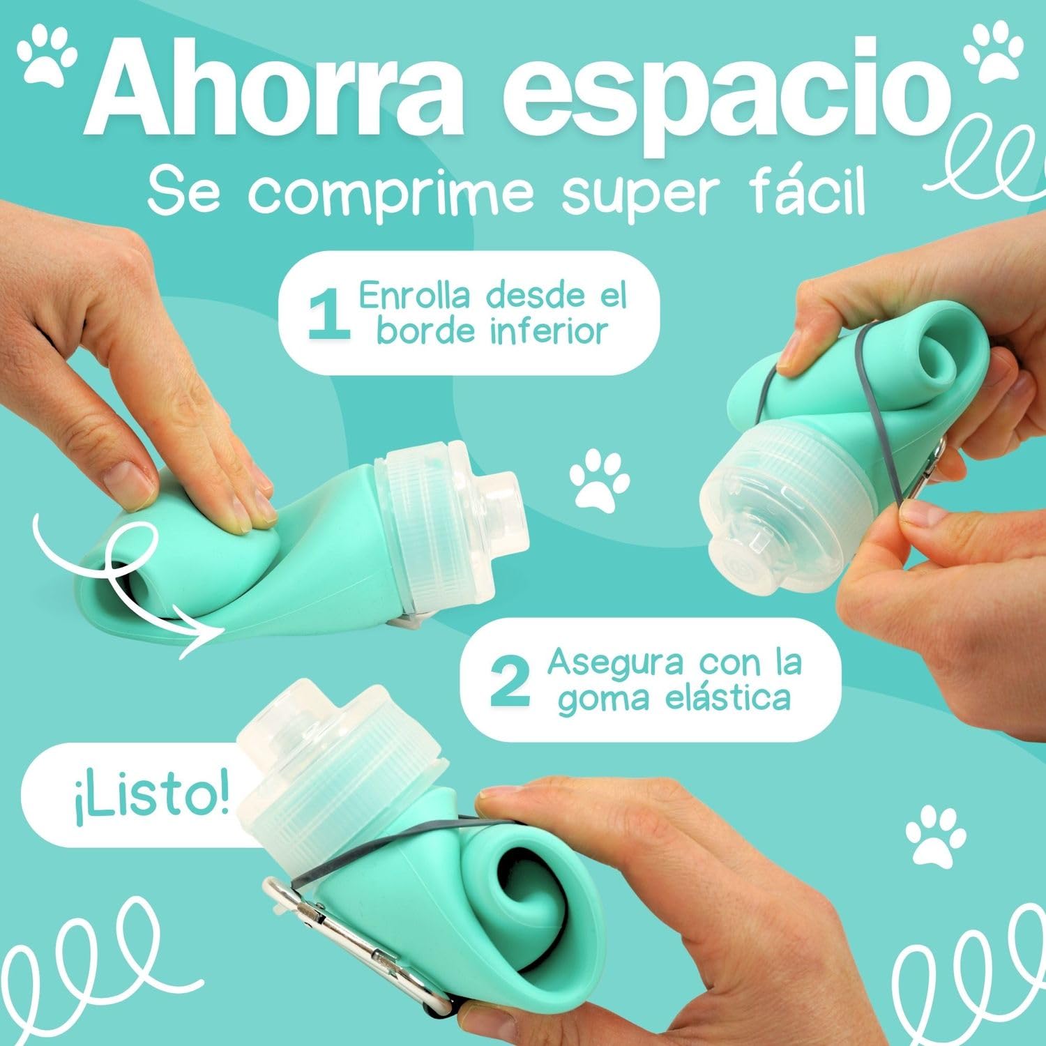 Botella Pipi Perros Silicona Plegable 400ml + Mosquetón + Goma Elástica + Cinta Ajustable 18cm | Botella Pipi Perros Calle con Chorro a Presión Controlable Antigoteo y Portátil (Verde Menta)