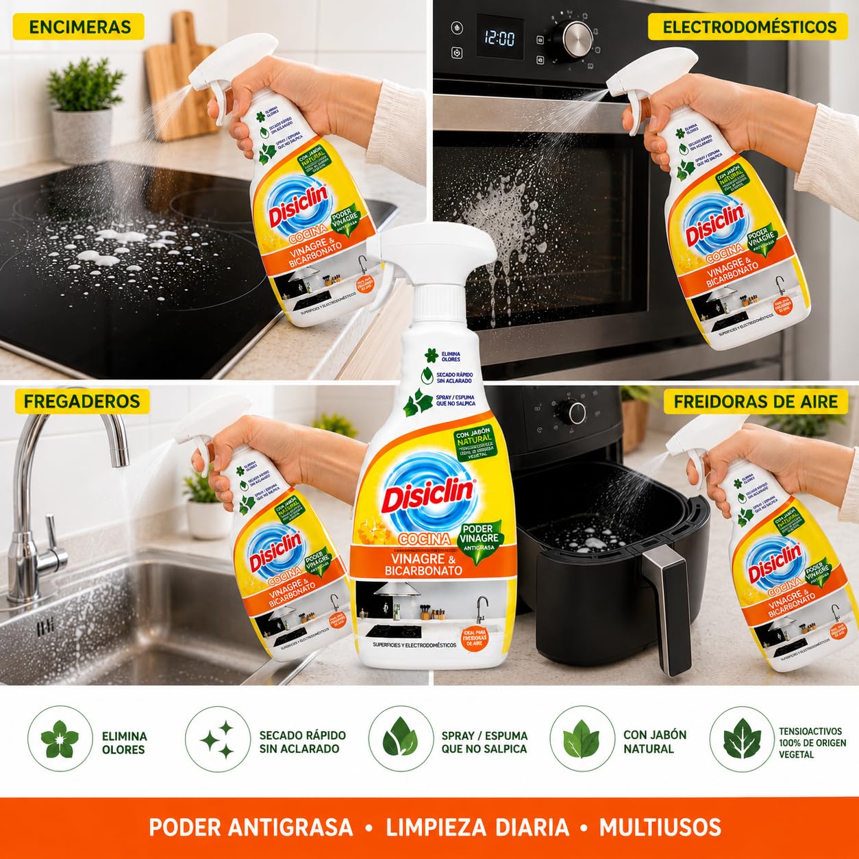 RASMACOR Spray Disclin Cocinas Vinagre y Bicarbonato 720 ml | Pack 12 Unidades | Limpiador Multiusos para Cocina | Limpieza de Encimeras, Campanas, Electrodomésticos y Superficies Lavable