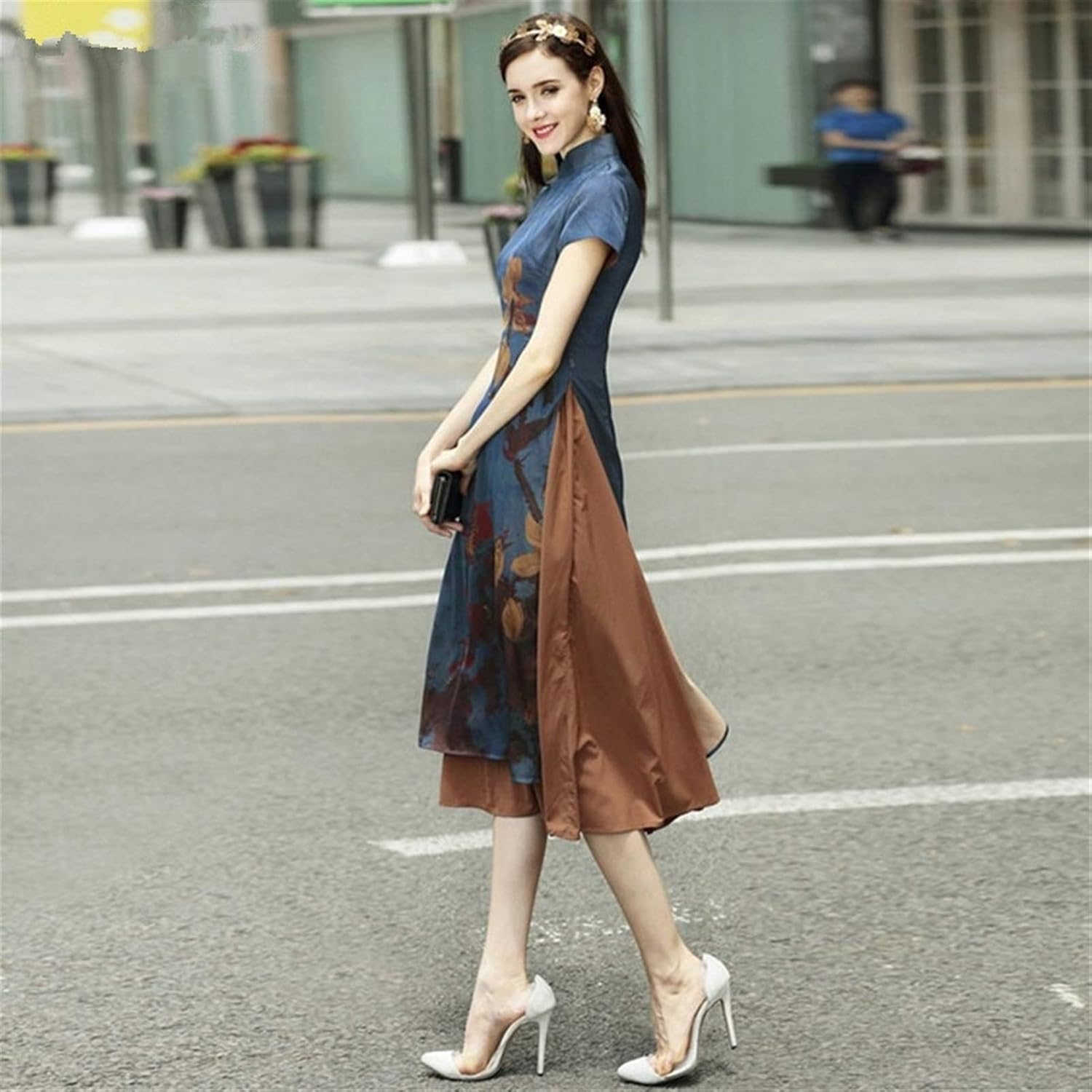 夏半袖女性のサテンチャイナドレス袍イブニングドレス中国オリエンタルドレス伝統的なチャイナドレスレトロウェディング (Color :