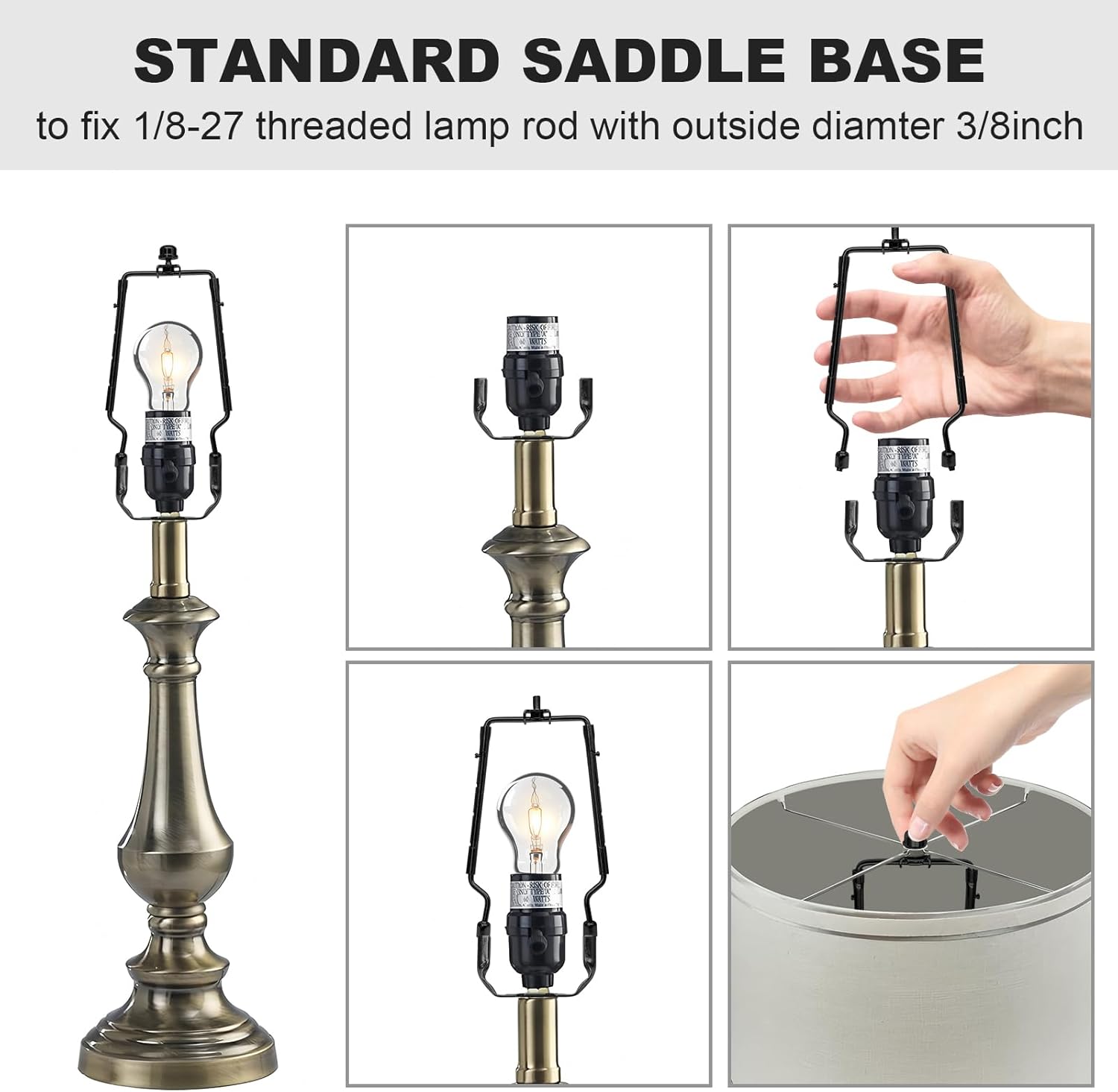 Jiozermi 7 8 9 10 inch Lamp Shade Harp Holder Adapter Kit, Adjustable Lamp Harp and Finial,Fit 3/8 inch Standard Saddle and E14 E26 E27 Light Base UNO Fitter Adapter Converter Finial Set(Black)