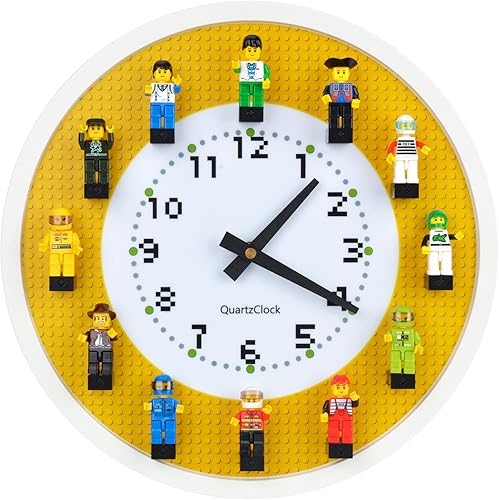 Reloj de pared con minifiguras silencioso sin tictac, marco de construcción, decoración de pared para habitación de niños y dormitorios (24