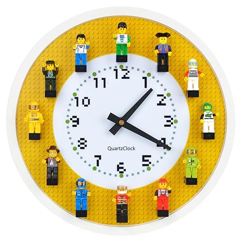 Wall Clock with Minifigures Silent Non-Ticking Display Case Frame Building