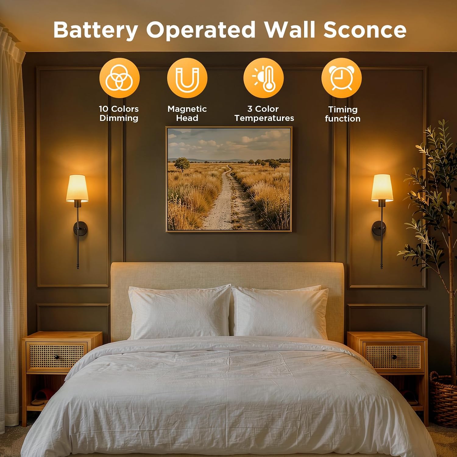Brightown Battery Operated Wall Sconce Set of 2,Wireless Rechargeable Wall Lights with Dimmable Magnetic Bulbs and Remote for Living Room，12 Colors Black Wall Lamp for Bedroom Hallway Decor