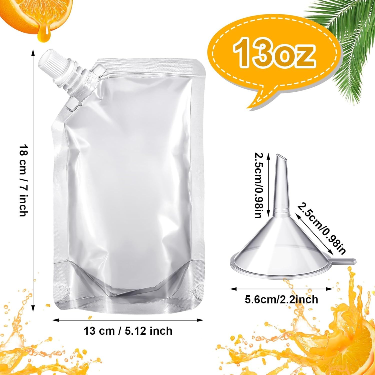 Meanplan 100 Pcs Plastic Pouches Bulk Reusable Squeeze Pouches Clear Plastic Juice Leak Proof Bags with Funnel for Party Favors Supplies(13 oz,Inclined Mouth) (Pack of 2) image 2