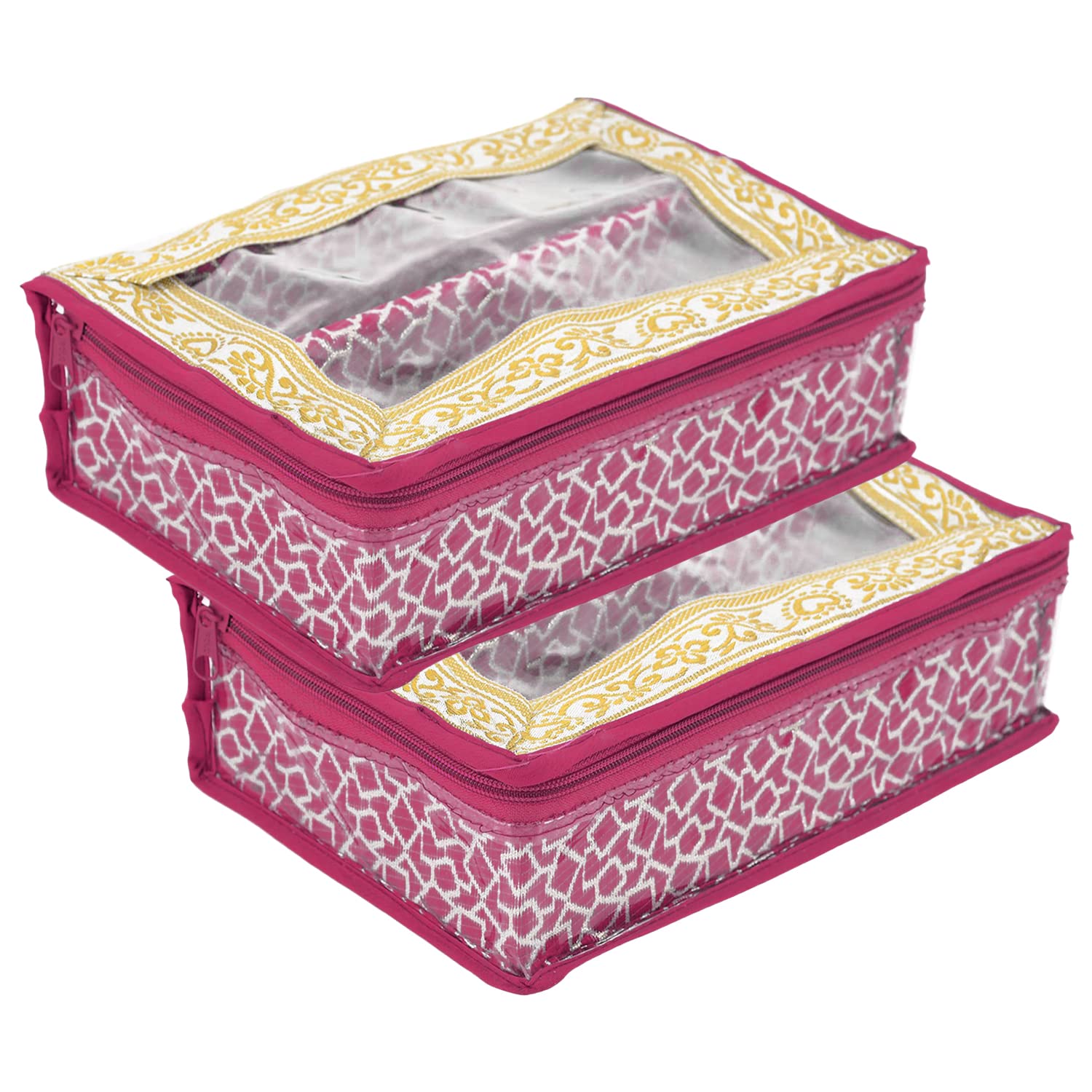 Kuber Industries Multi Saqare Design Laminated 2 Rod Box, Organizer For Bangle, Watches, Bracelets, Jewellery With Tranasparent Top - Pack of 2 (Pink)-47KM0296