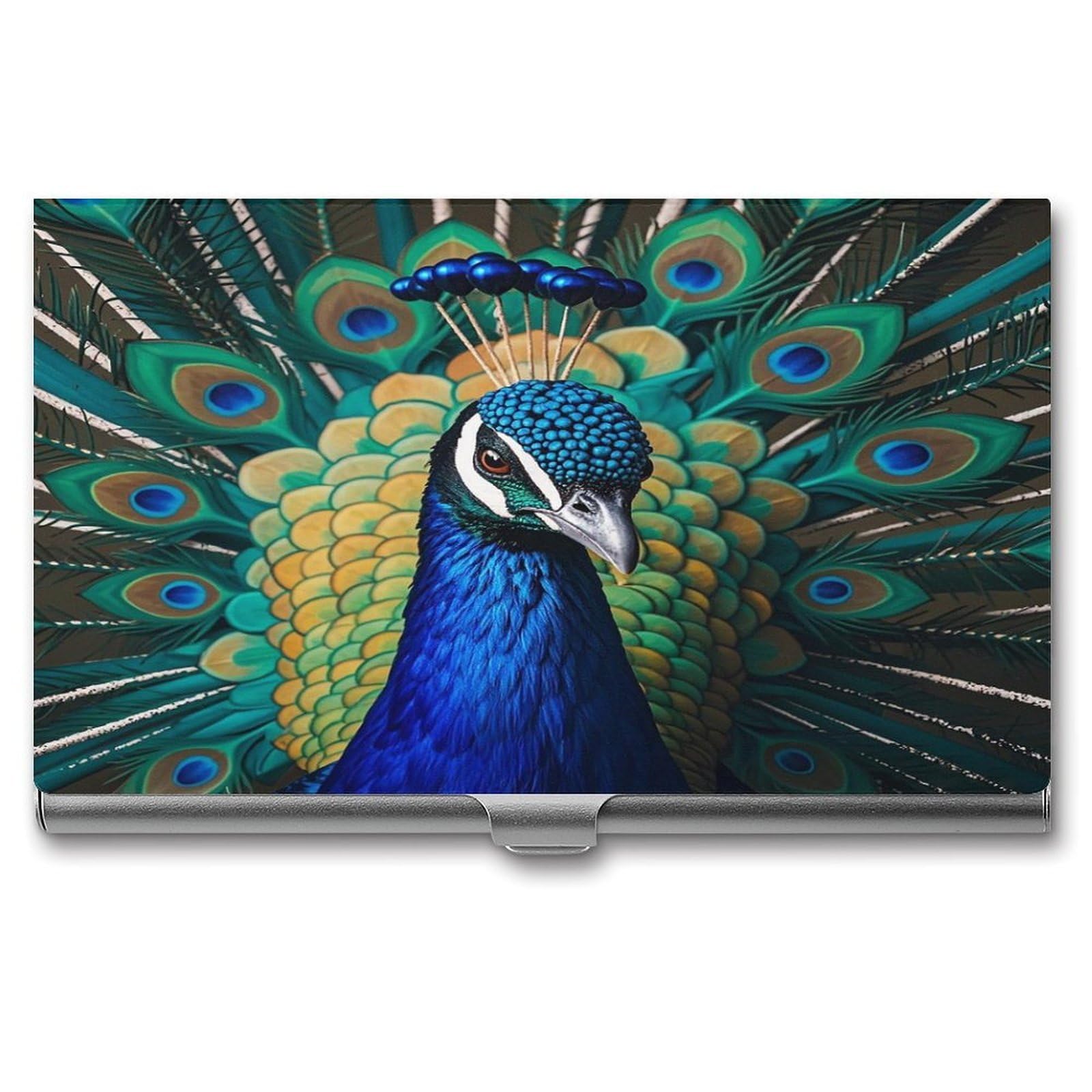 FekiLoot Blue Peacock Business Card Holder Aluminum Alloy Business Card Case Convenient to Carry Business Card Dispenser for Men Women