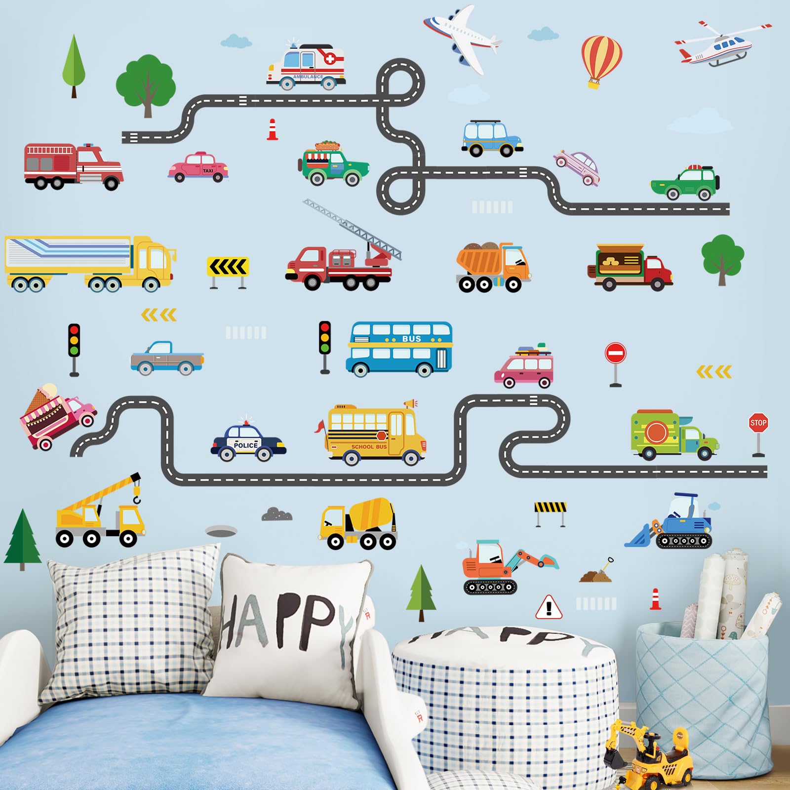 SHUCHING Pegatinas de Pared Infantil Vehículos Vinilo Adhesivo Coches | Vinilo Pared Decorativos para Dormitorio Infantil Habitación Niño