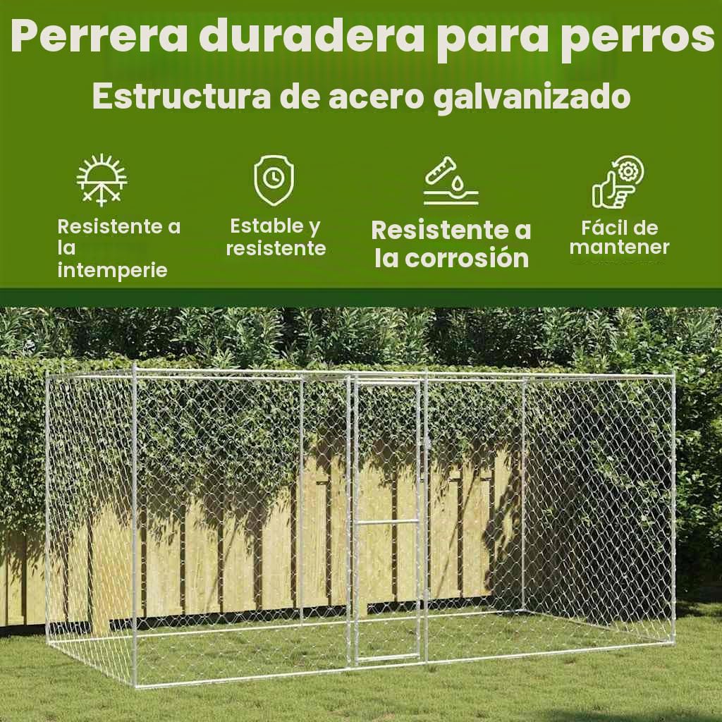 vidaXL Jaula para Perro Plateado 400 x 200 x 200 cm Acero Galvanizado, Jaula rústica para Perros, Gran Espacio Exterior, Refugio Seguro, Ideal para Razas Grandes, cómoda y Duradera