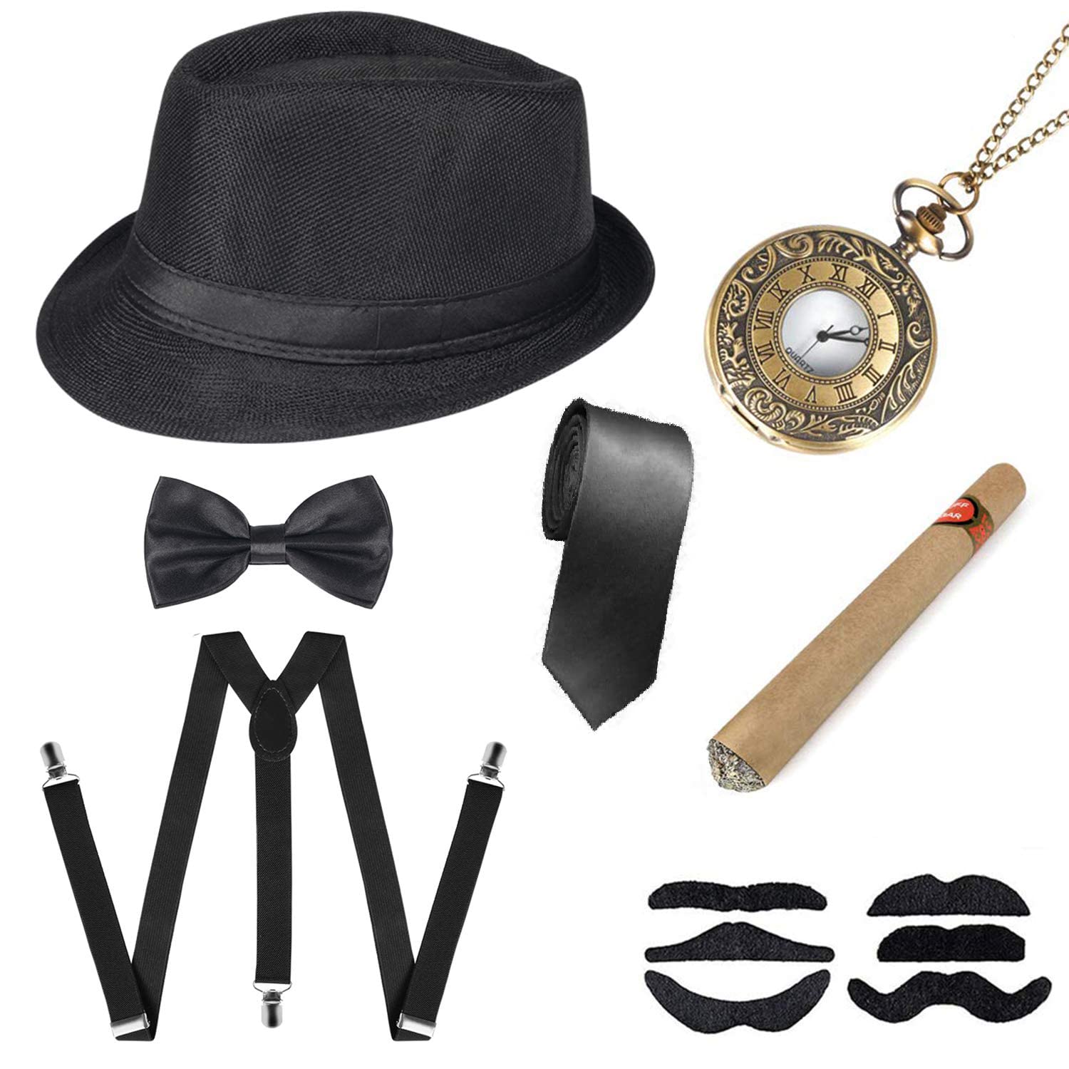 DWTECHDWTECH 1920s Gatsby Accessories for Mens,20s Men Fancy Dress Accessories with Panama Hat Bow Tie Elastic Suspenders Vintage Pocket Watch and Moustaches,Great Gatsby Costume Cosplay Set