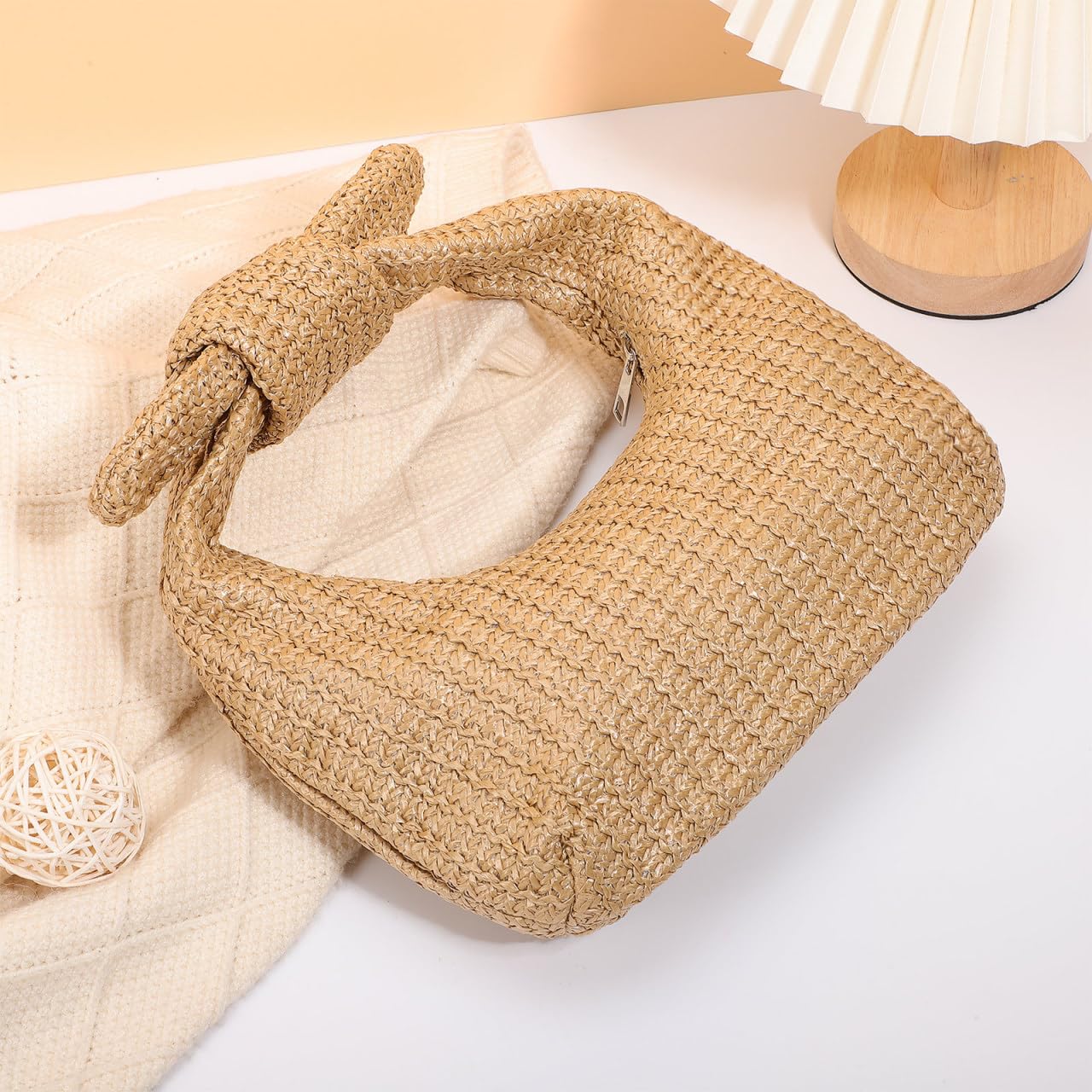 Bolso de mano de paja anudado para mujer, con lazo tejido, para verano, playa, bolso de mano, bolso de mano de noche, bolso de mano para verano, formal, boda, fiesta, beige, 24.00X13.00X5.00CM