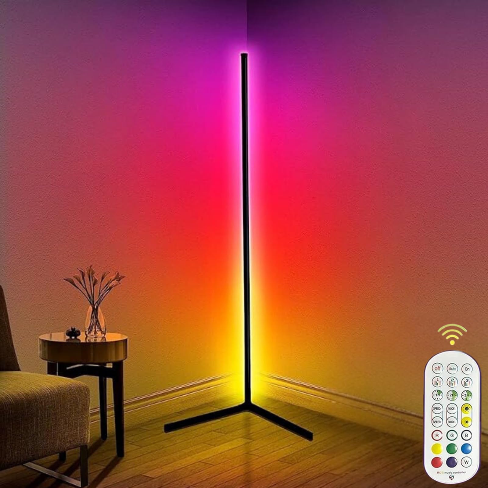 Smart RGB Corner Lamp, Dimmable LED With Music Sync Color Changing Control Remote, 56" Standing Lamp for Gaming, Living Room, Bedroom, Party (142cm)