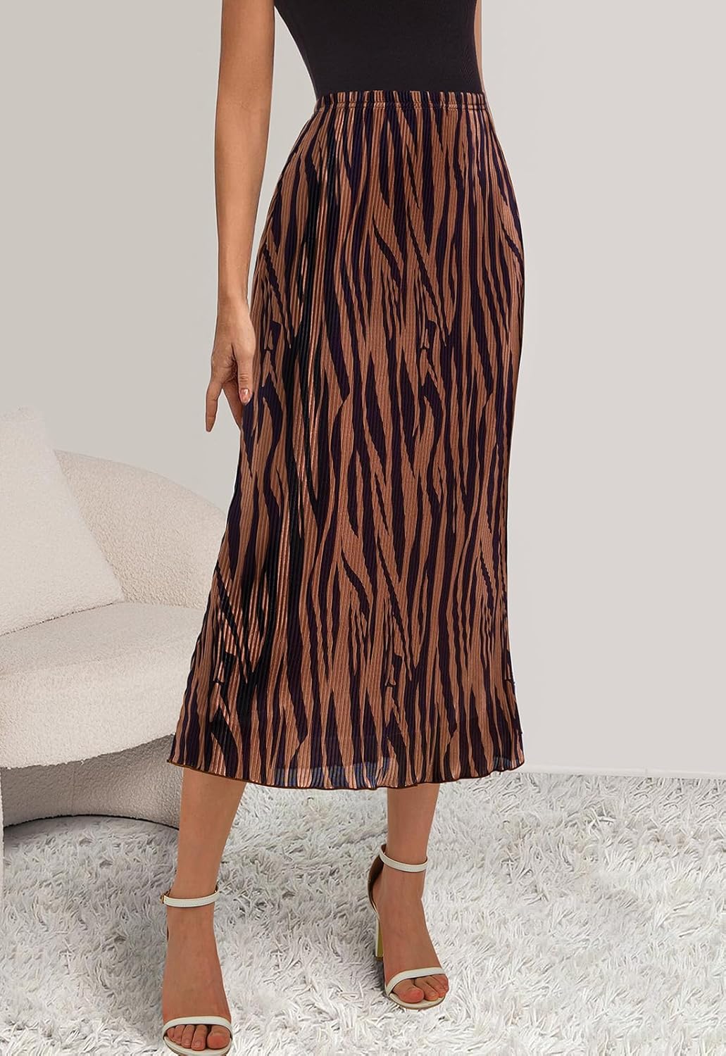 PRETTYGARDEN Women's 2026 Spring High Waist Graphic Print A Line Pleated Long Skirts for Women Trendy Plisse Midi Skirt - Image 2