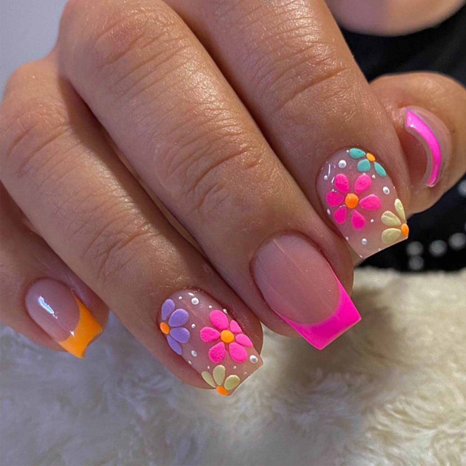 TULOBI French Tip Press on Nails Medium Square Flower Fake Nails Colorful Nails Full Cover Acrylic False Nails Glue on Nails for Women 24PCS/Set