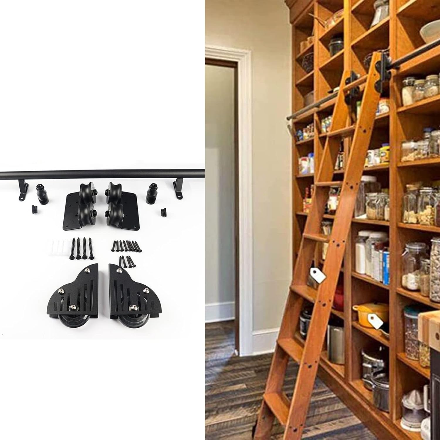 Black Round Tube Mobile Ladder Rail Rolling Library Ladder Hardware 3.3ft-20ft (No Ladder)，Sliding Barn Door Hardware Kit with Floor Roller Wheels (Size : 3.3ft/100cm Track Kit)