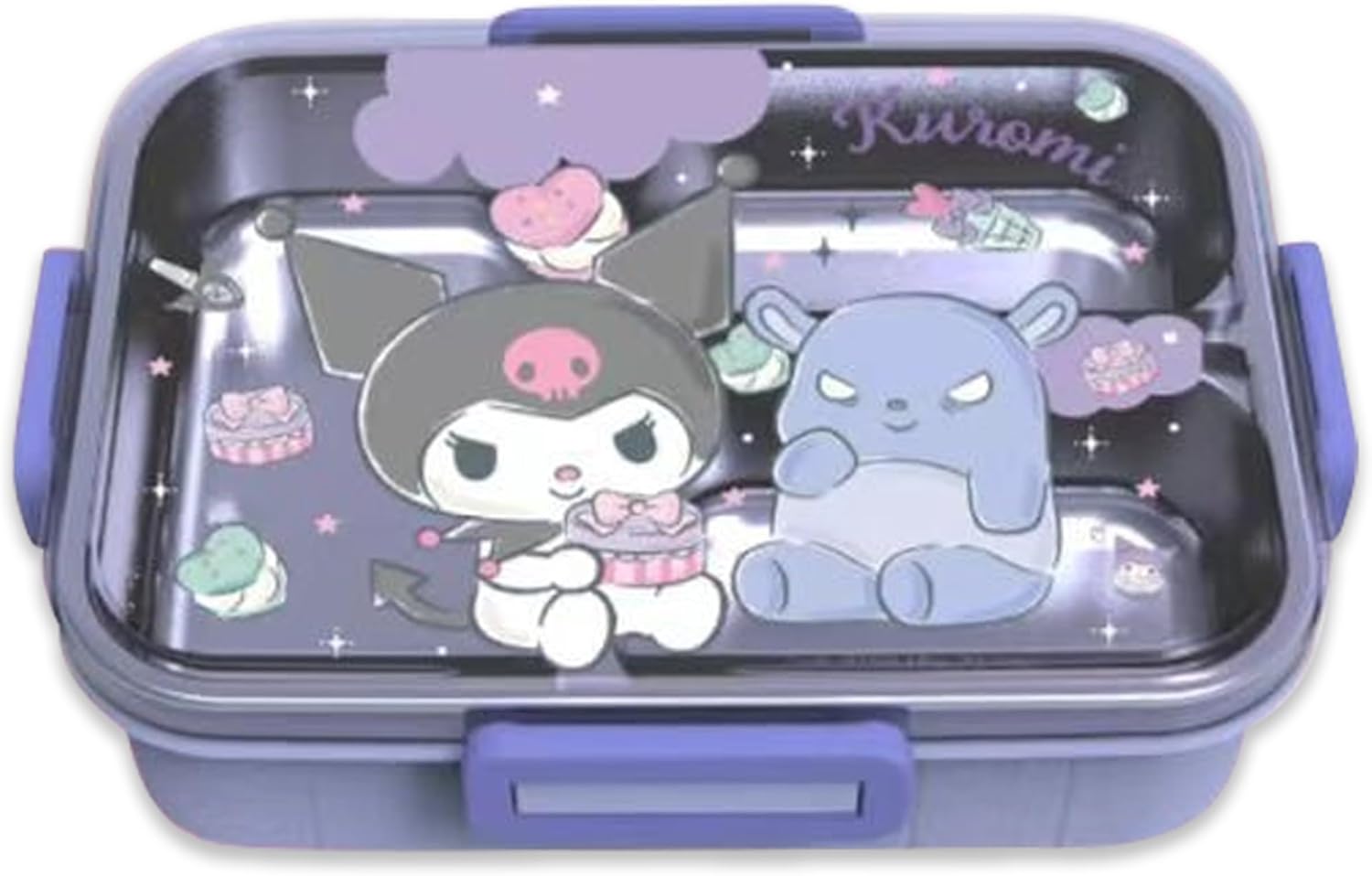 Roffatide Cartoon Cute Kuromi Printed All-in-One Bento Boxes with Spoon Fork Kawaii 4-Point Lock Type Lunch Box Containers for Food Fruit Snack, Kurom(spoon+fork), LYS25003